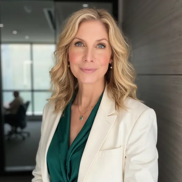 Professional headshot of a woman smiling in a blazer and light-blue blouse, AI headshot photo example